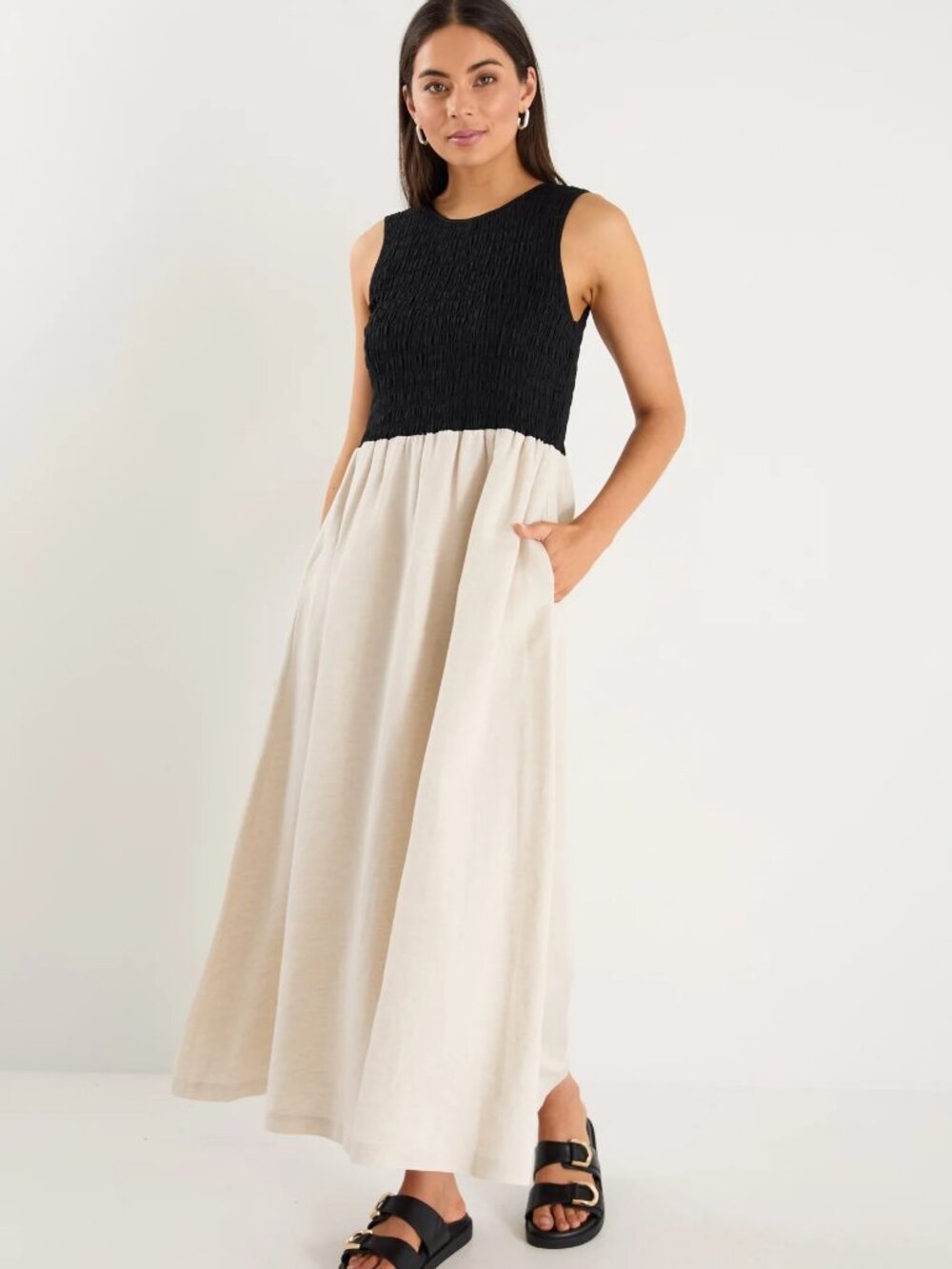New Oatmeal & Black Contrast Bodice Midi Dress - Picture 2 of 11